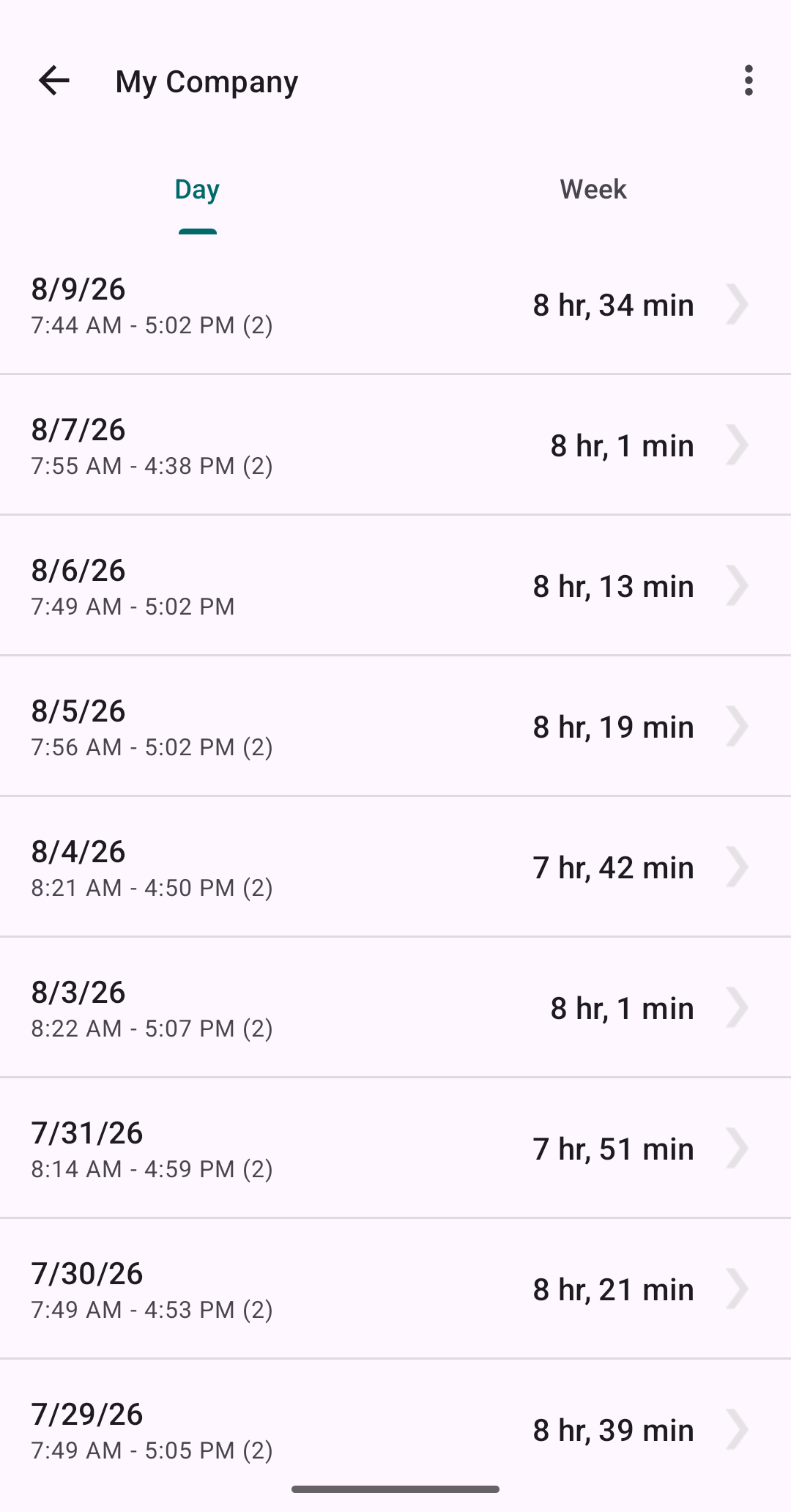 Day-by-day list of tracked time for a tracker