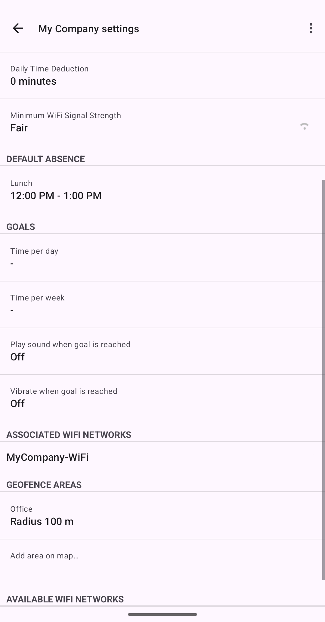 Tracker settings with WiFi networks and geofence areas