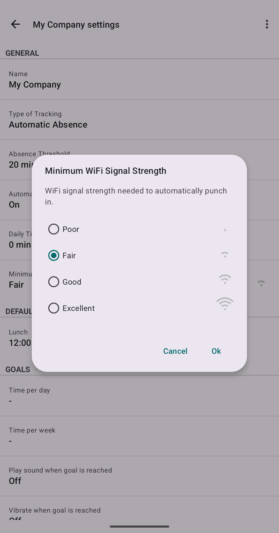 Minimum WiFi signal strength setting